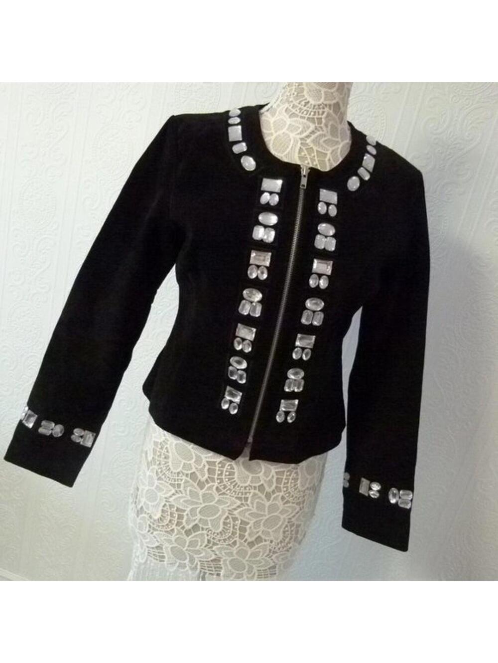 Boston Proper Black Suede Leather Jeweled Blazer Jacket Size 10 New